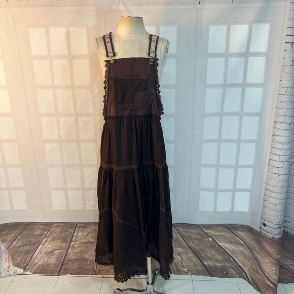 Utcoco Brown Embroidered Square Neck Tiered Maxi Jumper Apron Dress Medium - Picture 5 of 15